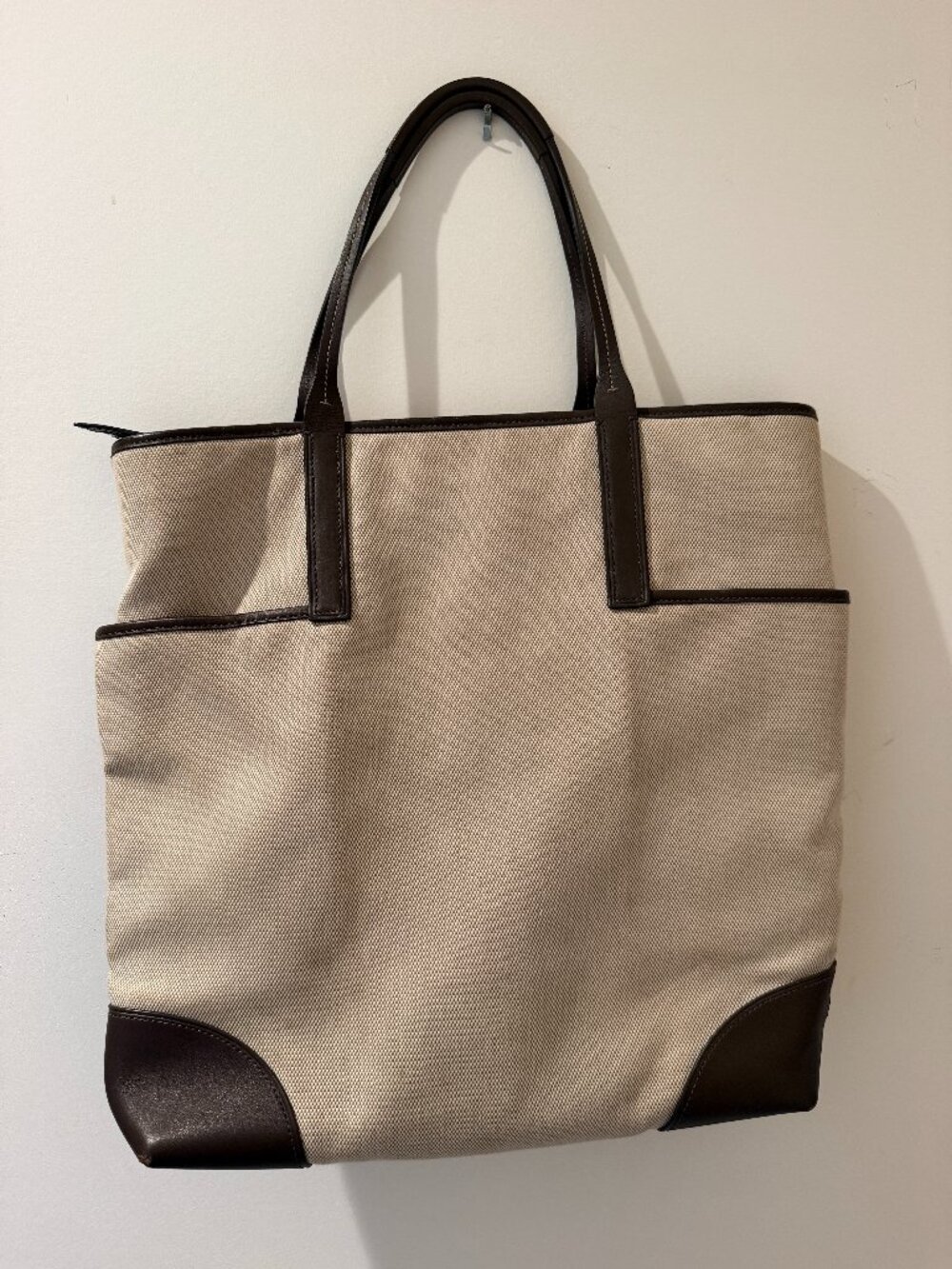 Tumi Beige Canvas & Brown Leather Tote Bag